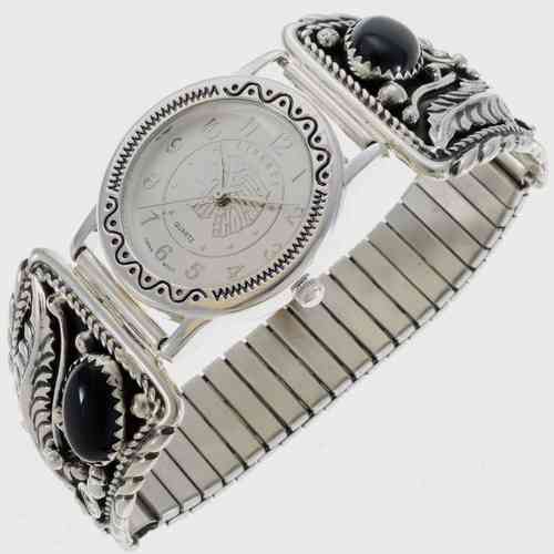 Uhrband Silber Onyx floral